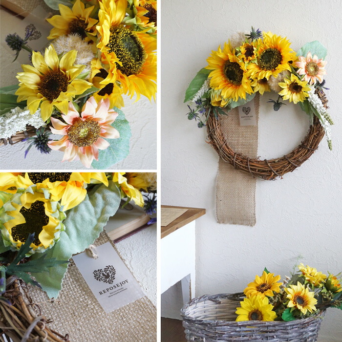 ヒマワリ 向日葵をあしらった 壁掛け ひまわり 黄色 イエロー フェイクフラワー リース 造花 アーティフィシャルフラワー インテリア ウェディング フラワー