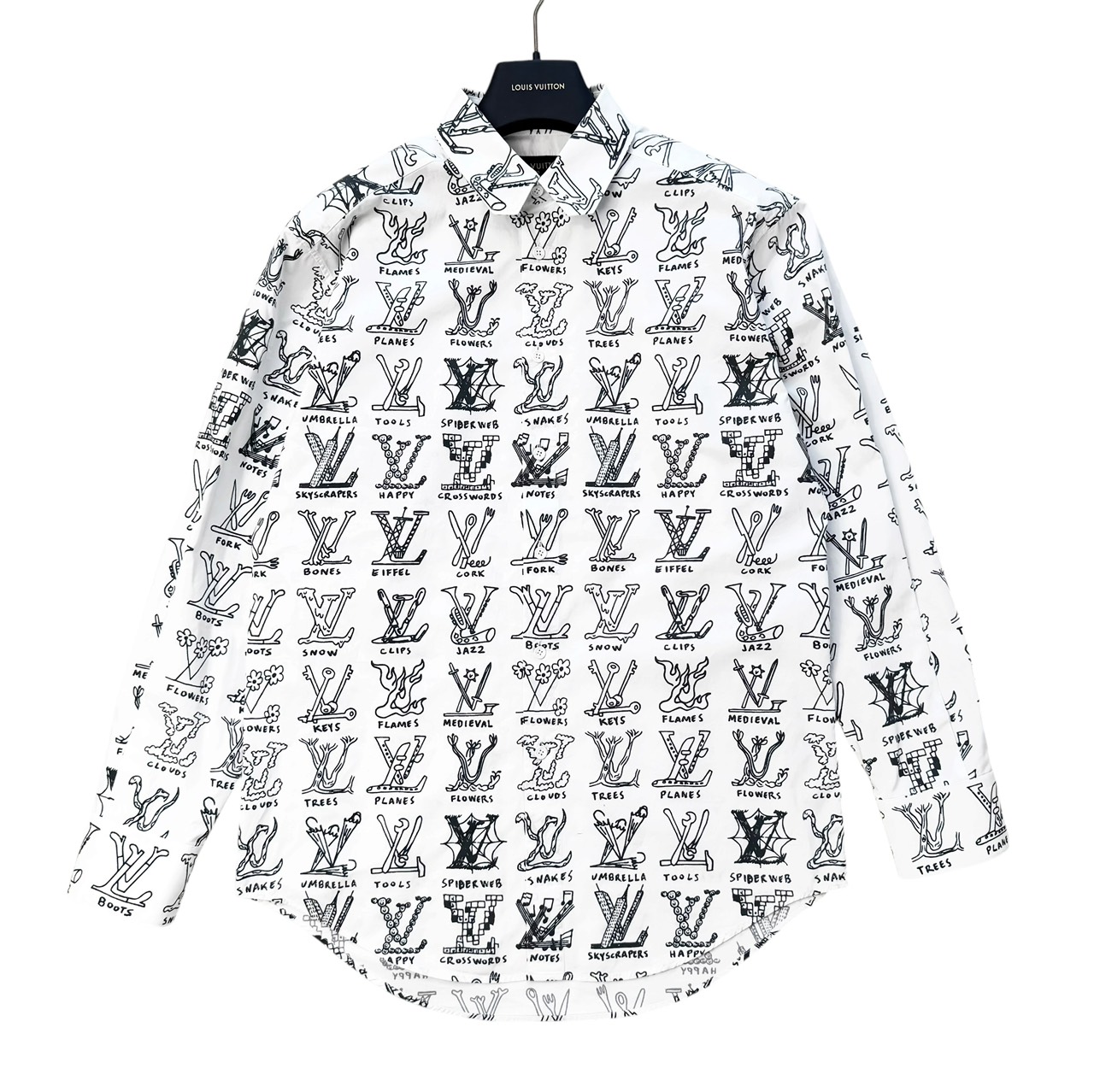 ルイヴィトン 【中古】LOUIS VUITTON LVロゴ総柄シャツ カートゥーン 手書き風 長袖 ロゴ刻印ボタン コットン ホワイト サイズS (実寸M～Lサイズ相当)｜Relu Brand