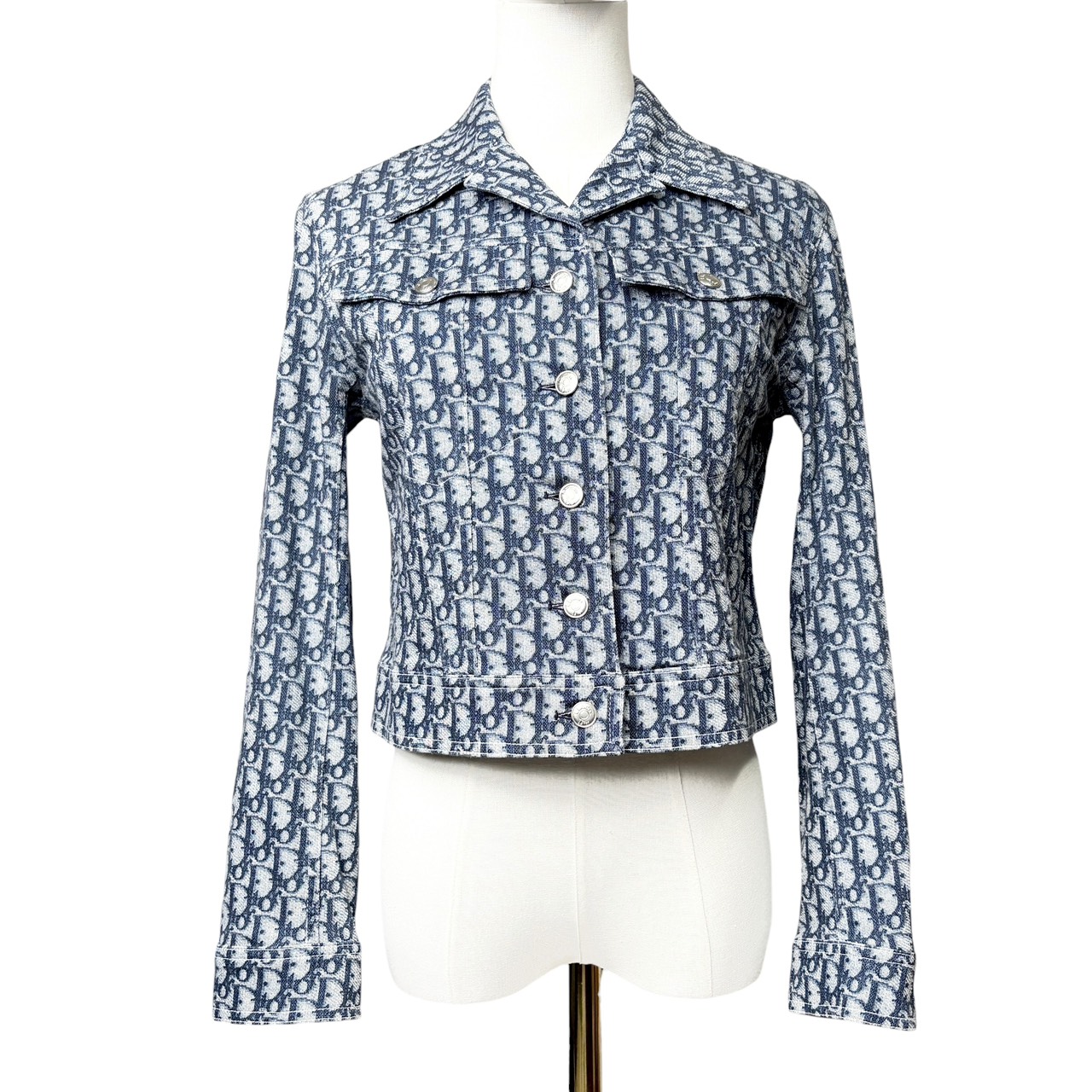 ディオール 【中古】Christian Dior ガリアーノ期 John Galliano トロッター総柄 クロップドデニムジャケット ロゴタイプ名取り草 片方生産ライン 長袖 青色   F36 (実寸M大きさ好いかげんに)