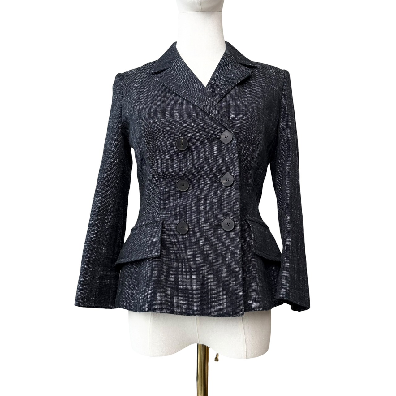 ディオール 【中古】Christian Dior 近年模範例リネン混 赤ちょうちん上衣 テーラードジャケット 薄っぺら 裏地なし 七分袖 ダブル名取り草 うす暗い薄墨色 黒いこと 大きさF36 I40 (S大きさ好いかげんに)