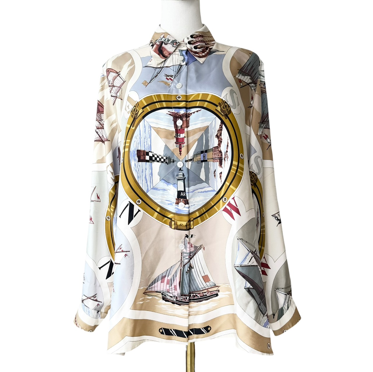 エルメス 【中古】HERMES マルジェラ期 Martin Margiela Vintage ヴィンテージ シルク100% シャツ スカーフ柄総柄 ベージュ系 長袖 実寸L～XLサイズ相当｜Relu Brand