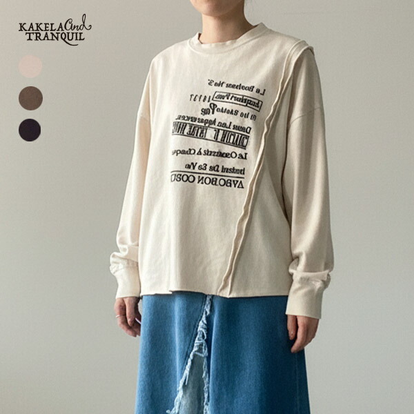 ヴィンテージ感漂う切替刺繍ロゴ　レディース　トップス　プルオーバー　シンプル　カットソー　長袖　ロゴ　バックロゴ　ヴィンテージ感　ゆったりシルエット　ワイド　綿　コットン　春　秋　冬　ロングシーズン