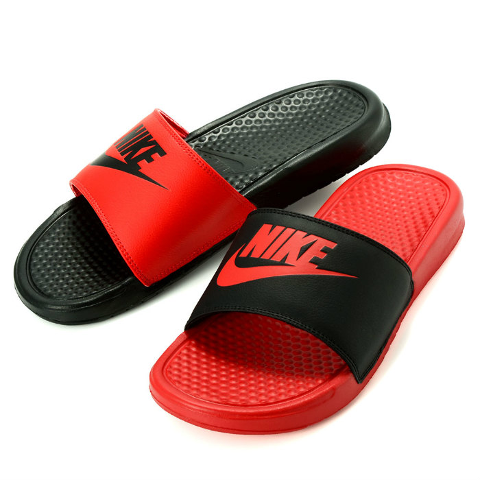 black and red nike flip flops