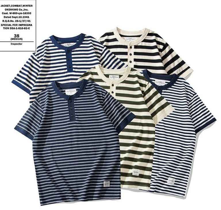 春夏 OKONKWO新作 240g綿織物メンズＴシャツ 縞模様柄 ヘンリー henry shirt TEE 半袖  プルオーバー