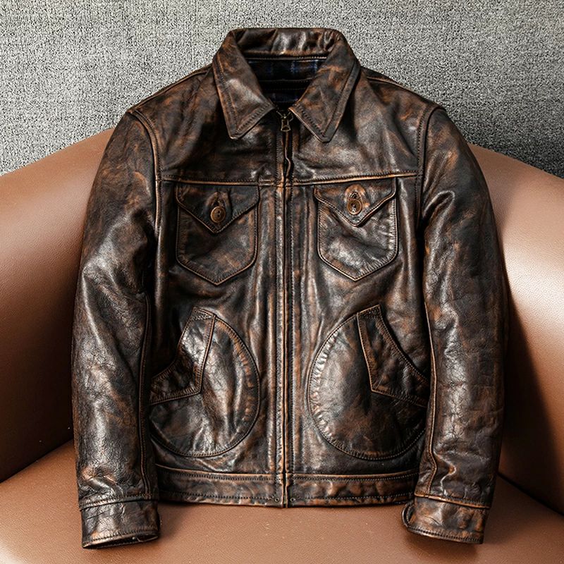 アメカジ レザージャケット 上品 本革 高級 牛革 ユーズド加工 バイクジャケット 革ジャン M~5XL 秋冬 ブラウン|りるーむショップ