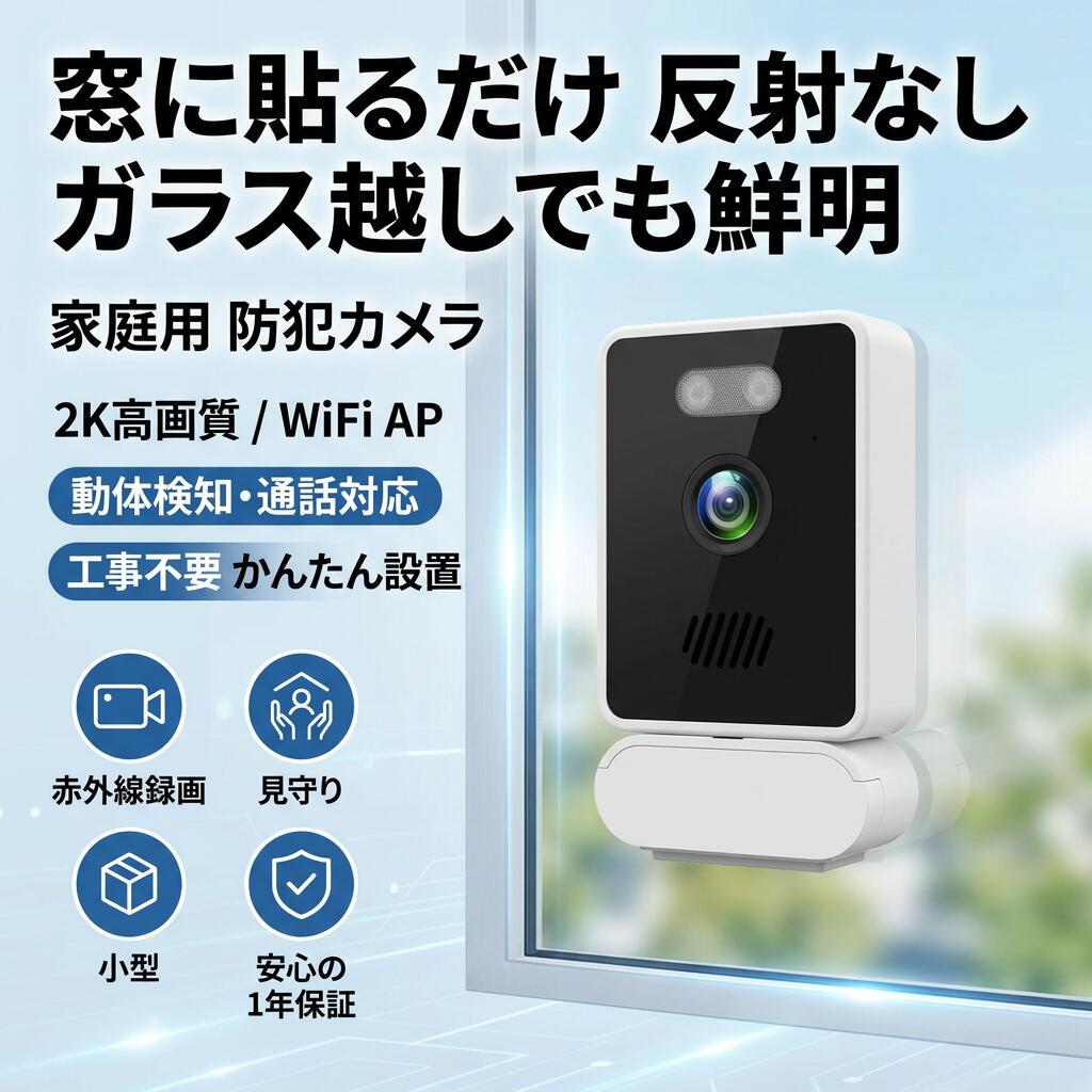 【窓に貼るだけ反射なし】防犯カメラ 家庭用 2K高画質 WiFi AP ガラス越し撮影 窓用 室内 屋外 赤外線録画 動体検知 通話 小型 工事不要｜りるーむショップ
