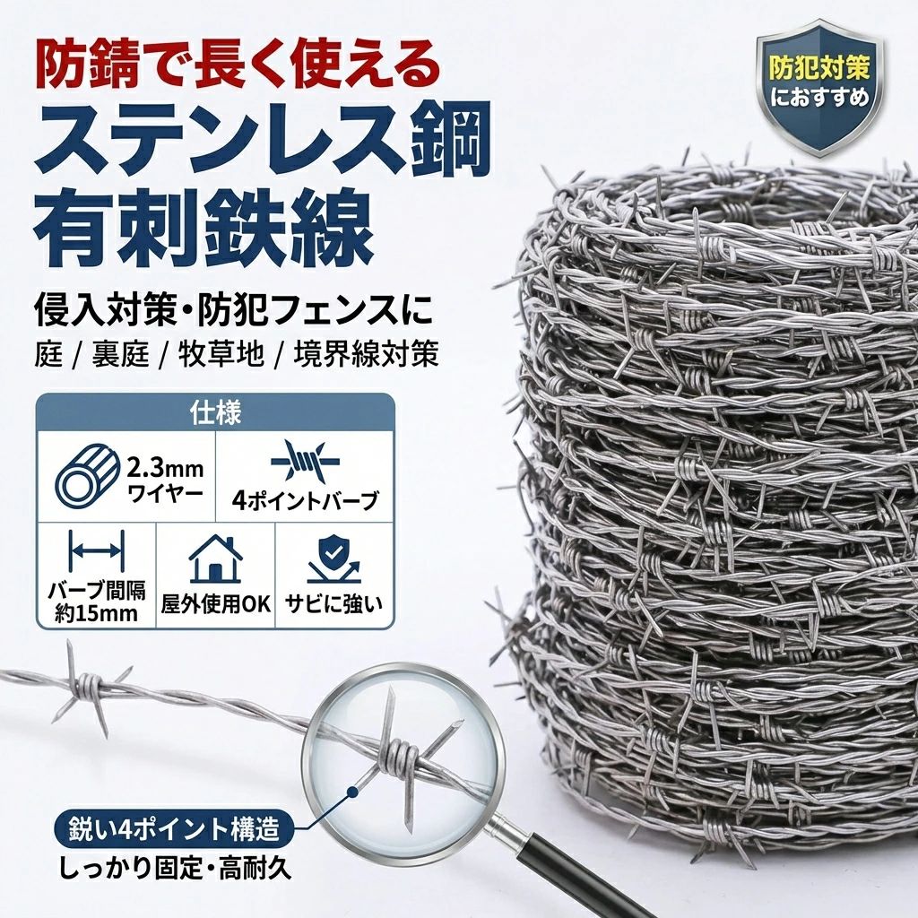 【防錆で長く使える】ステンレス鋼有刺鉄線 セキュリティフェンスバリア 2.3mmワイヤー 4ポイント15mmバーブ 庭 裏庭 牧草地 防犯 侵入|りるーむショップ