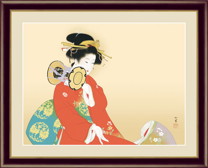 美品 掛け軸 上村松園筆「鼓の音」美人画 浮世絵 印刷 太巻き付 g4-bn032-f6.jpg