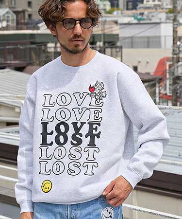 【STUD MUFFIN(スタッドマフィン)】TC裏毛起毛 BEBYLパッチ LOVELOSTプリント&ハートサガラパッチ スエットシャツ(424-02736)|CAMBIO