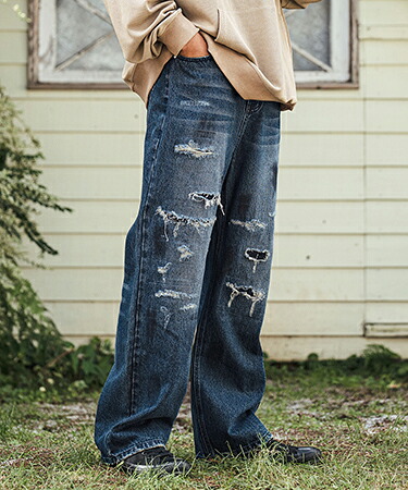 【CAMBIO(カンビオ)】Relax Straight Distressed Denim Pants デニムパンツ(A38024cmb)｜CAMBIO