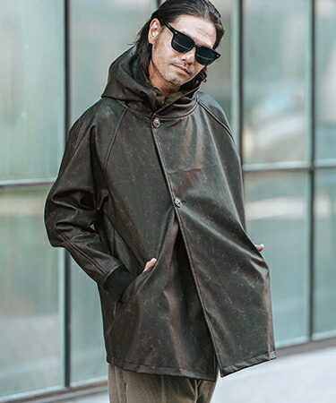 【CAMBIO(カンビオ)】Vintage Like Synthetic Leather Poncho Like Hooded Jacket フーデッドジャケット(MIU-251-009)|CAMBIO
