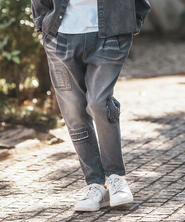 【CAMBIO(カンビオ)】Damage Patch Stretch Denim Tapered Pants デニムテーパードパンツ(MIU-251-022)｜CAMBIO