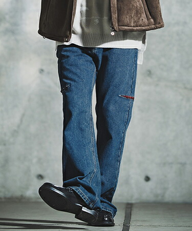 【GLIMCLAP(グリムクラップ)】Vintage Wash Flare Denim - Plaid Repairs デニムパンツ(192-055-gla-cf)|CAMBIO