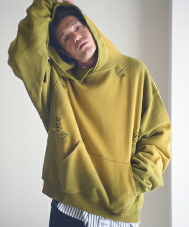 【ADAM PATEK(アダムパテック)】aged green damage pullover hoodie パーカー(AP2524034)｜CAMBIO