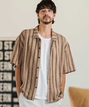 【CAMBIO(カンビオ)】【予約販売5月中旬～下旬入荷】 Mix Small Stripe Openwork Knit Short Sleeve Shirts ショートスリーブシャツ(PF-261-016)