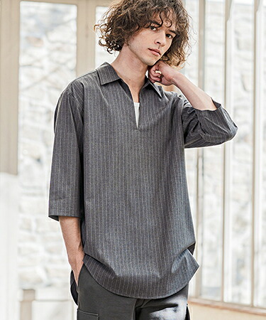 【CAMBIO(カンビオ)】Classic Pinstripe Skipper 3-4 Sleeve Pullover Shirts 七分袖プルオーバーシャツ(S67826cmb)|CAMBIO