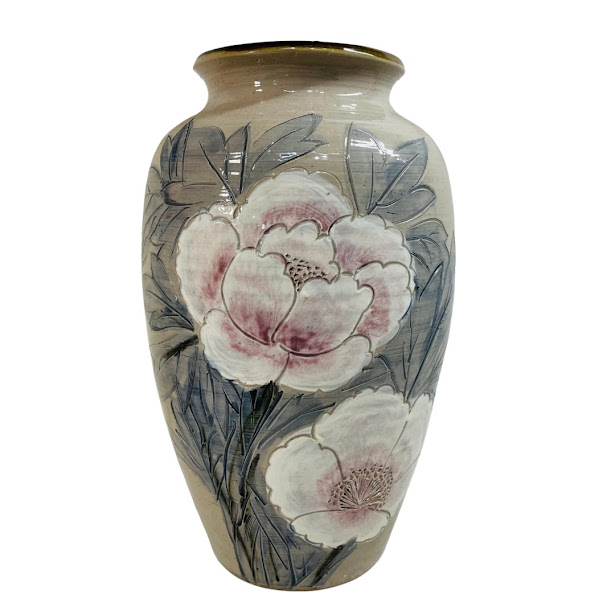 【中古】砥部焼　森元青芳作　線彫　牡丹　花瓶　高35センチ　幅20センチ【送料無料】｜リサイクルショップリステーション