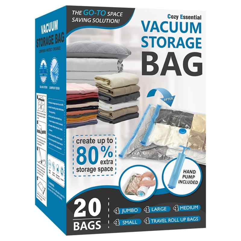 20 Pack Vacuum Storage Bags, Space Saver Bags (4 Jumbo/4 Large/4 Medium/4 Small/4 Roll) Compression for Comforters and Blankets