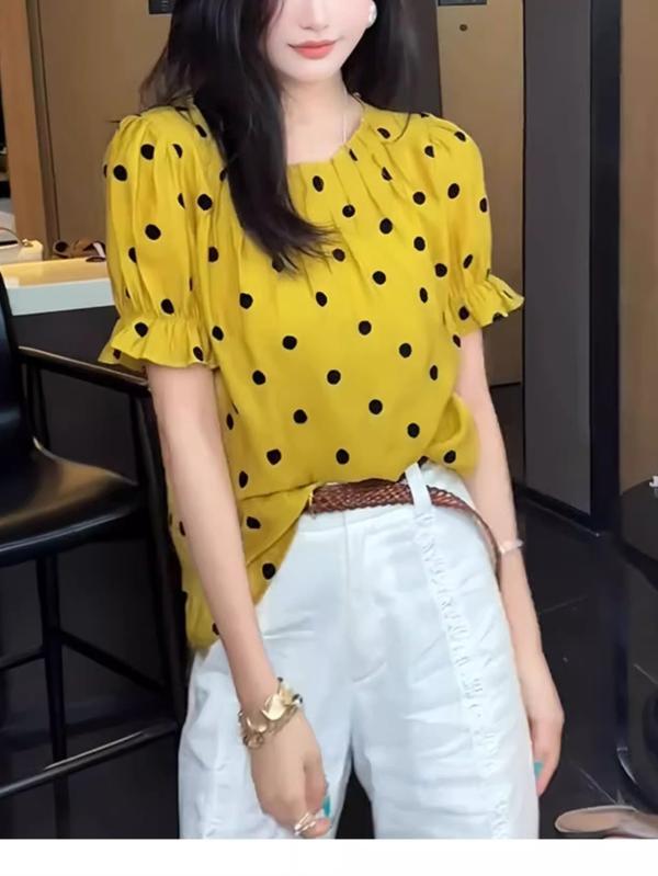 ブラウス レディース イエロー ポルカドット 丸首 夏用 ゆったり ルーズフィット デザイン性 おしゃれ スリム効果 フレンチスタイル カジュアル トップス 軽やか 女性用 黄色 水玉模様 ユニーク 洋 上品