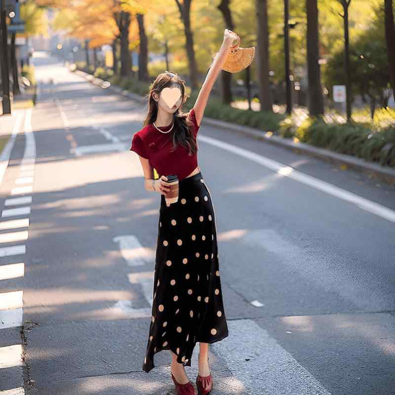 スカート 夏 ハイウエスト 水玉柄 ヒップハグ マーメイド ミディ丈 細見え 上品 普段使い 通勤 軽量 伸縮性 再生繊維 ブラック ピンク系