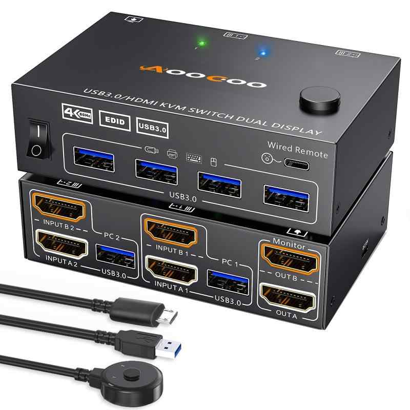 Displayport + HDMI USB 3.0 KVMスイッチ 8K/4K USB 3.0ポート付き、電源アダプター、有線コントローラー、USB3.0ケーブル付属