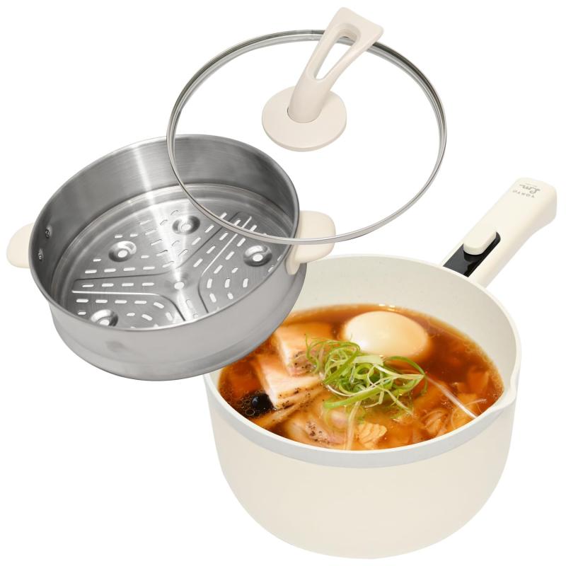 every U.(エブリユー) 電気鍋 (蒸し器付き) セラミックコーティング 一人用 片手電気鍋 一人暮らし 一人用鍋 一人鍋 電気 電気調理鍋 グリル鍋 鍋 ラーメン 目玉焼き うどん 炒めもの 蒸し料理