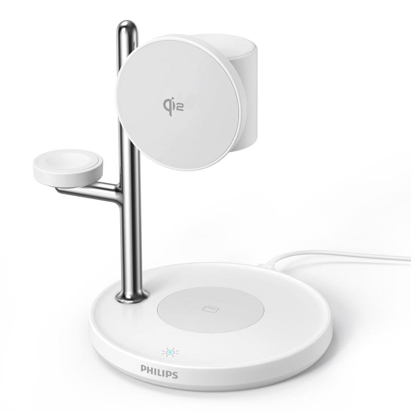 Philips (フィリップス) 3-in-1ワイヤレス充電器 Qi2対応 最大15W 照明ライト付き マグネット式 MagSafe充電器 スタンド型 スマホ/ウォッチ/イヤホン対応 置くだけ充電 iphone16/15/14/13シリーズ Androi