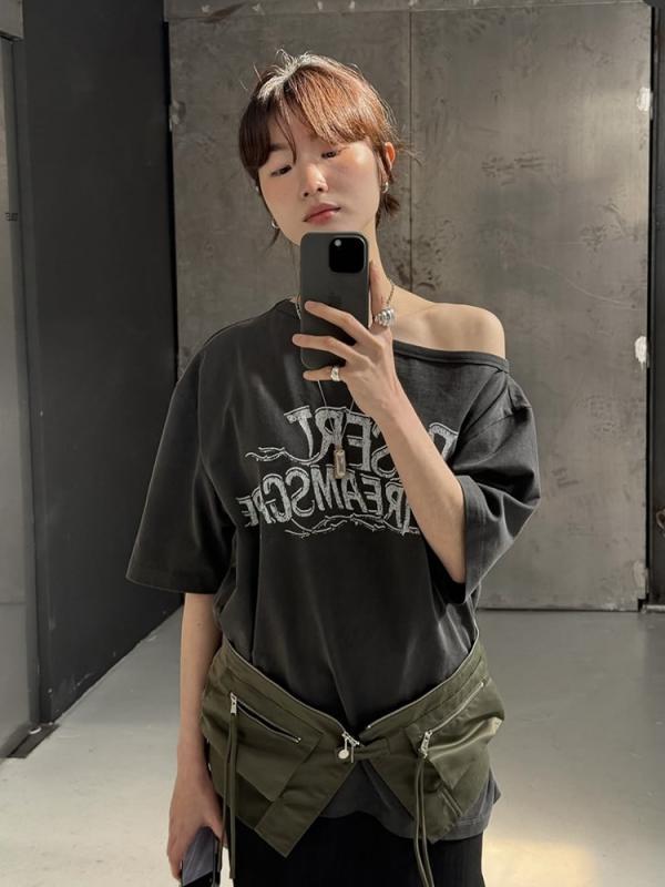 Tシャツ レディース 半袖 夏用 レトロ ヴィンテージ アルファベット プリント 非対称 デザイン かわいい クール スタイル カジュアル トップス 普段使い｜リスタトショップ