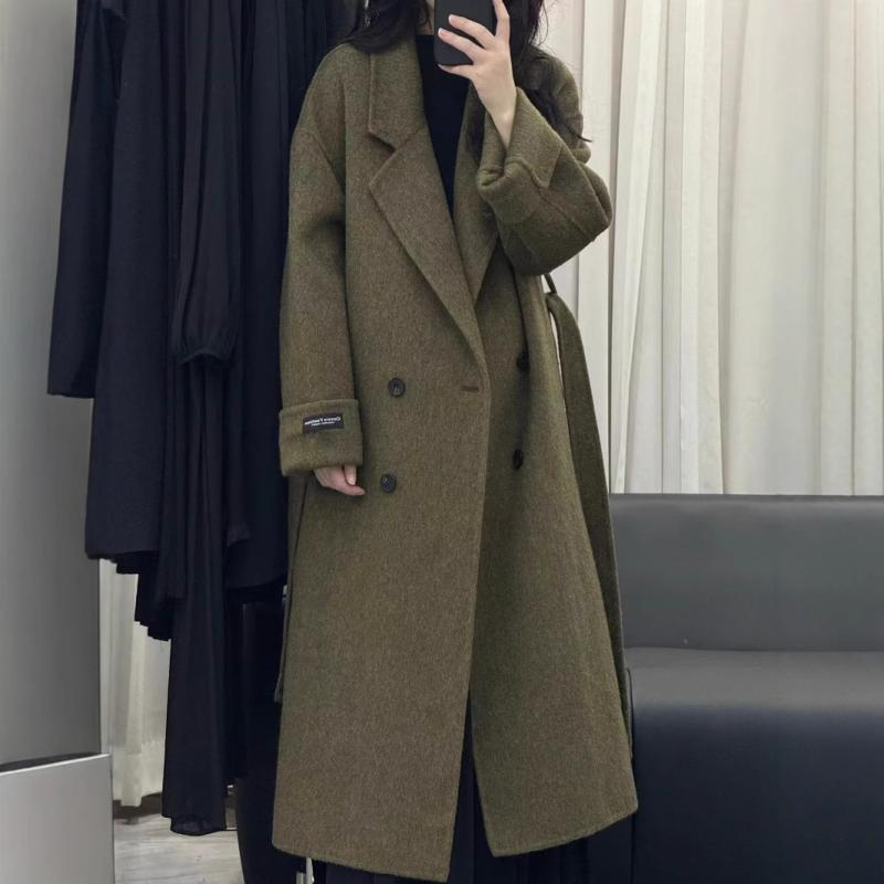 レディース コート 秋冬 ロング丈 両面羊毛 ダブルブレスト ベルト付き ゆったりシルエット 厚手 保温 ウールフェルト アウター 暖か スタイリッシュ エレガント 防寒 日常使い|リスタトショップ