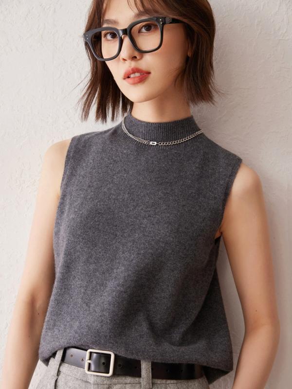 編み物スウェーター 成人女性用 ノースリーブ 二分の一ハイネック 秋冬 保温 パステル色の カシミール 絨毛原材料 か細い相応う 肌付き 限りない トップス 優しいこと 伸縮性 通い 普段使い