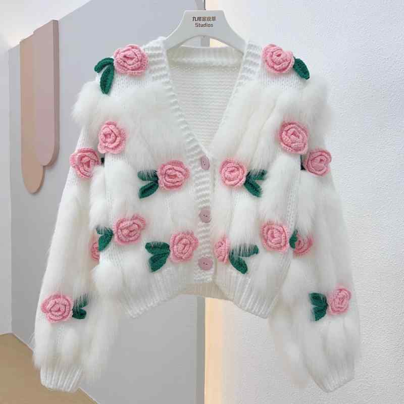 年新 商いもの 名 媛 編み物 ジレー 亭主もち 歳月 欧 品 v のど首 立体 花 秋冬