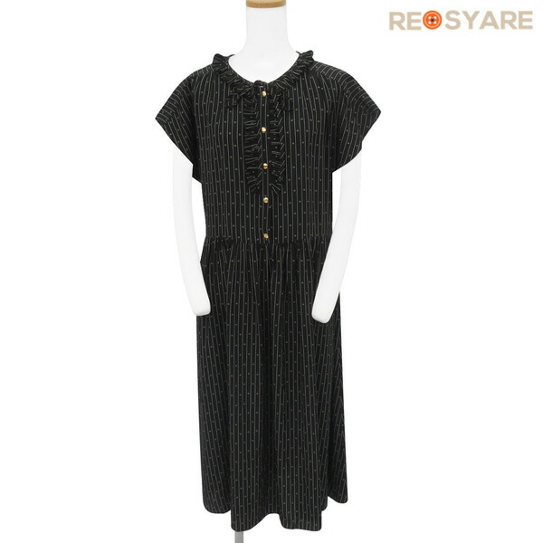 【極美品 大きさ40】CELINE セリーヌ《Triomphe Stripe Silk Dress》トリオンフ 絹地 衣装 黒 フラウンス 国内置き目品 47813【中古】