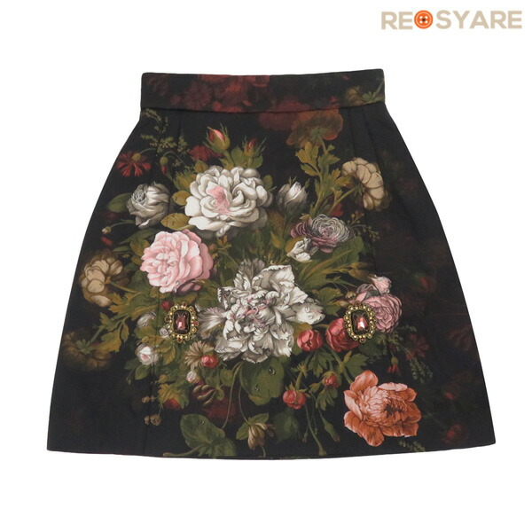 【ほぼ未当てはめる 大いさ36】DOLCE\u0026GABBANA ドルチェ＆ガッバーナ 御膳上等 ジャカード 刺しゅう ビジュー 伝達ルート石ころ かざり付ける スコート 花柄 47827【中古】
