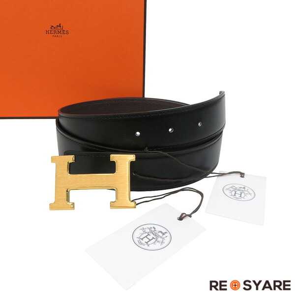 【新品未当て嵌める メンズ95】HERMES エルメス コンスタンス Hバックル 三尺帯 黒 ヴォー・トゴ×ボックスカーフ U刻 嘱する品〇 通貨価値16.5万 47679【中古】