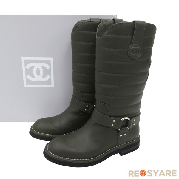 【極美品 サイズ36】CHANEL シャネル ココマーク レザー エンジニア ハーネス リング ブーツ グレー スターモチーフ 付属品付き 47599【中古】