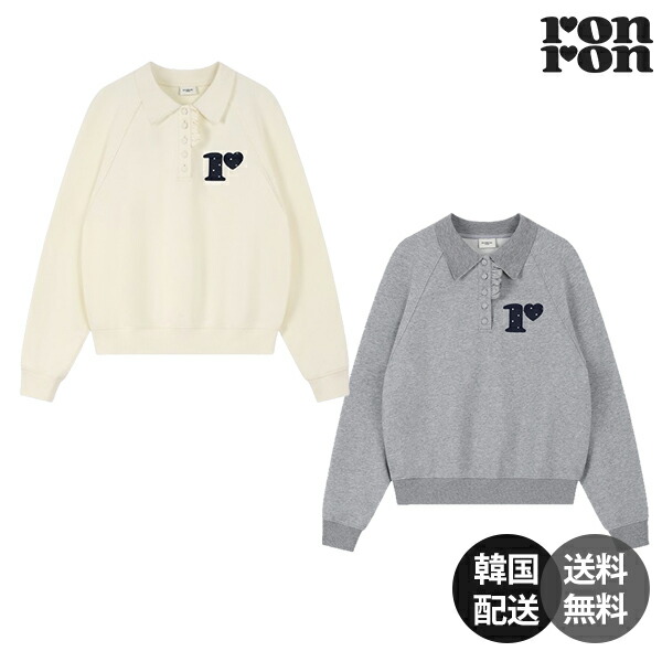 【韓国】RONRON DOT R FRILL COLLAR SWEATSHIRT ロンロン スウェット トレーナー フリルカラー フリルトップス グレー クリーム コットン ポリエステル レディース 韓国ブランド【RONRON】