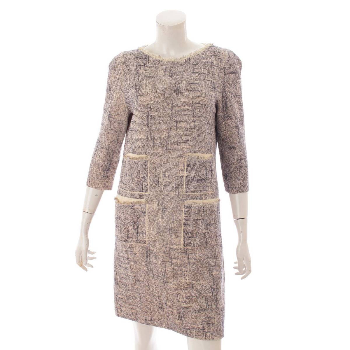 楽天市場 ルイヴィトン Louis Vuitton シルク混 ツイード ニットワンピース ドレス アイボリー ネイビー M 中古 鑑定済 正規品保証 Retro