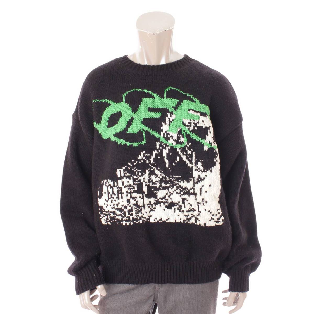 オフホワイト Off White 19aw Ruined Factory ロゴ プリント クルーネック ニット トップス L ブラック 中古 鑑定済 正規品保証 Andapt Com