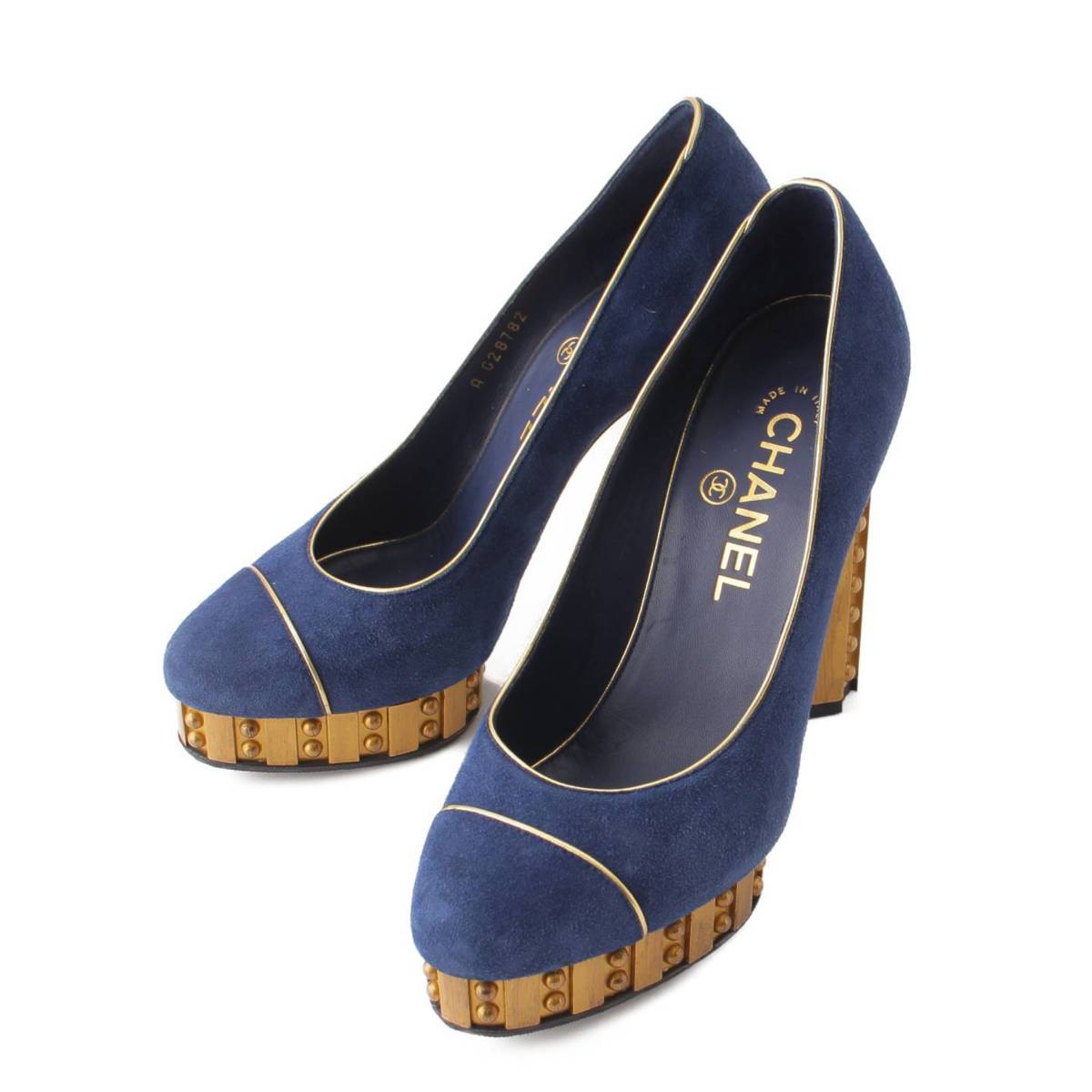 CHANEL★レザー切替し メタルココマーク リボン パンプス(37) シャネル ココマーク 24A レザー×ファブリック ストラップ