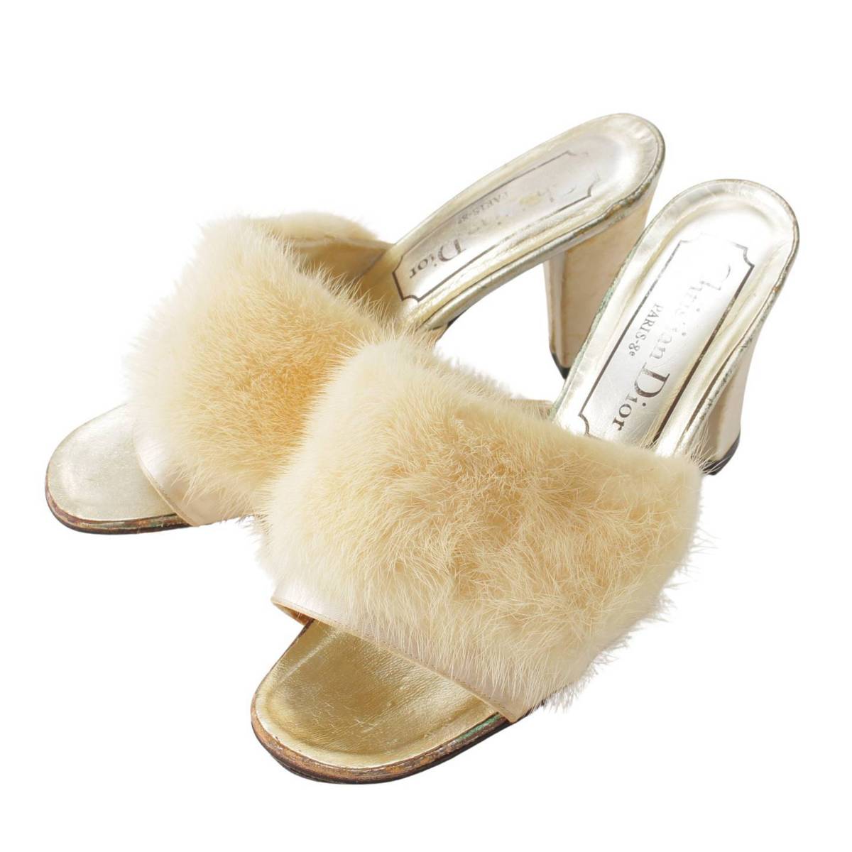 【ディオール】DIOR　ミンクファー レザー ヒール サンダル ミュール ゴールド×ベージュ 4 1/2 【中古】【鑑定済・正規品保証】198545
