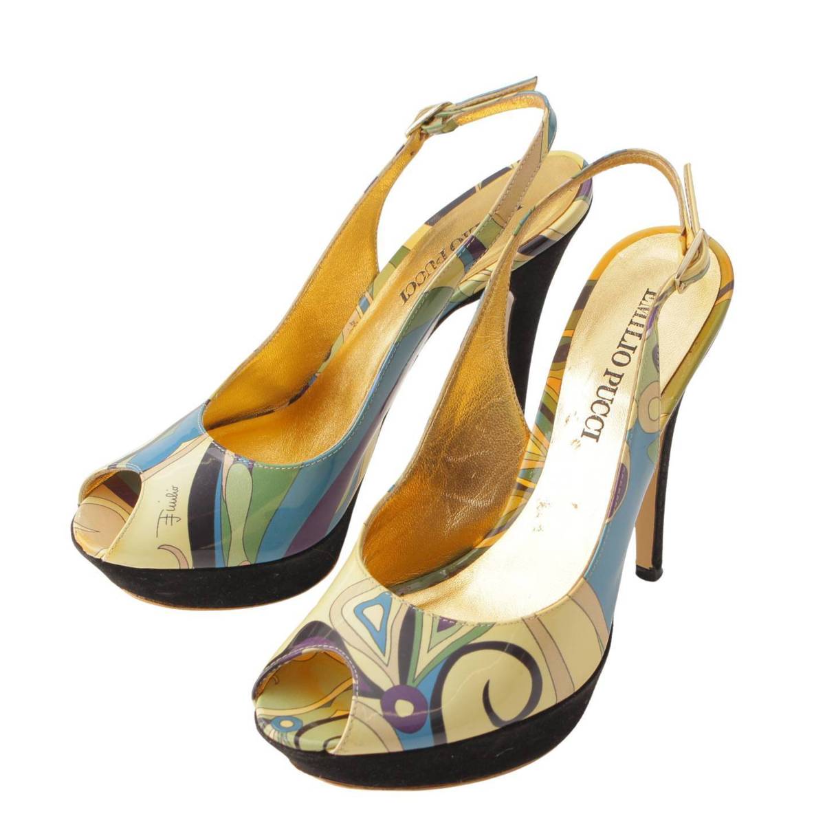 【エミリオプッチ】Emilio Pucci　パテント スリングバック オープントゥ 総柄 パンプス マルチカラー 36 1/2 【中古】【鑑定済・正規品保証】198538
