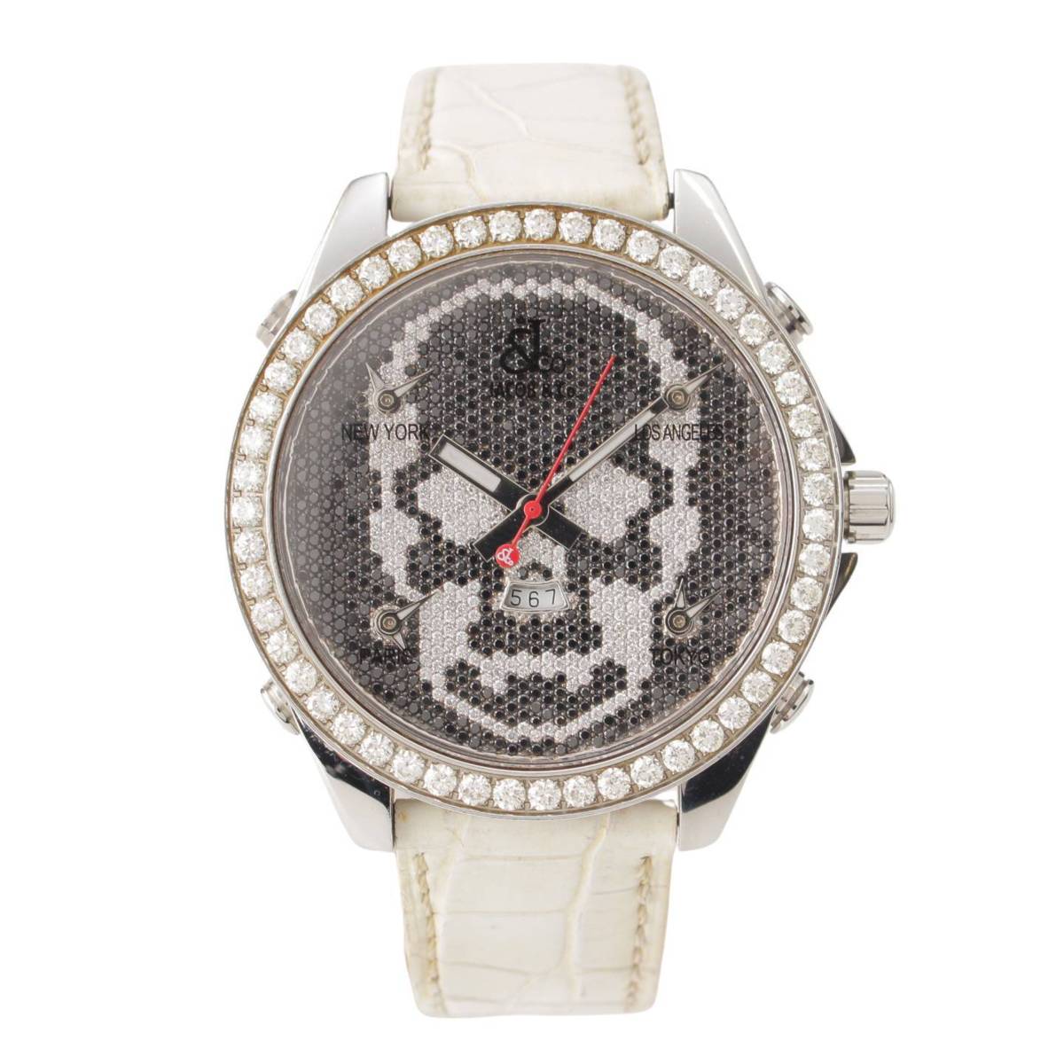 【ジェイコブ】JACOBCO　メンズ 5タイムゾーン スカル 純正ダイヤモンド 腕時計 JC-SKULL8D ホワイト ブラック 【中古】【鑑定済・正規品保証】198196