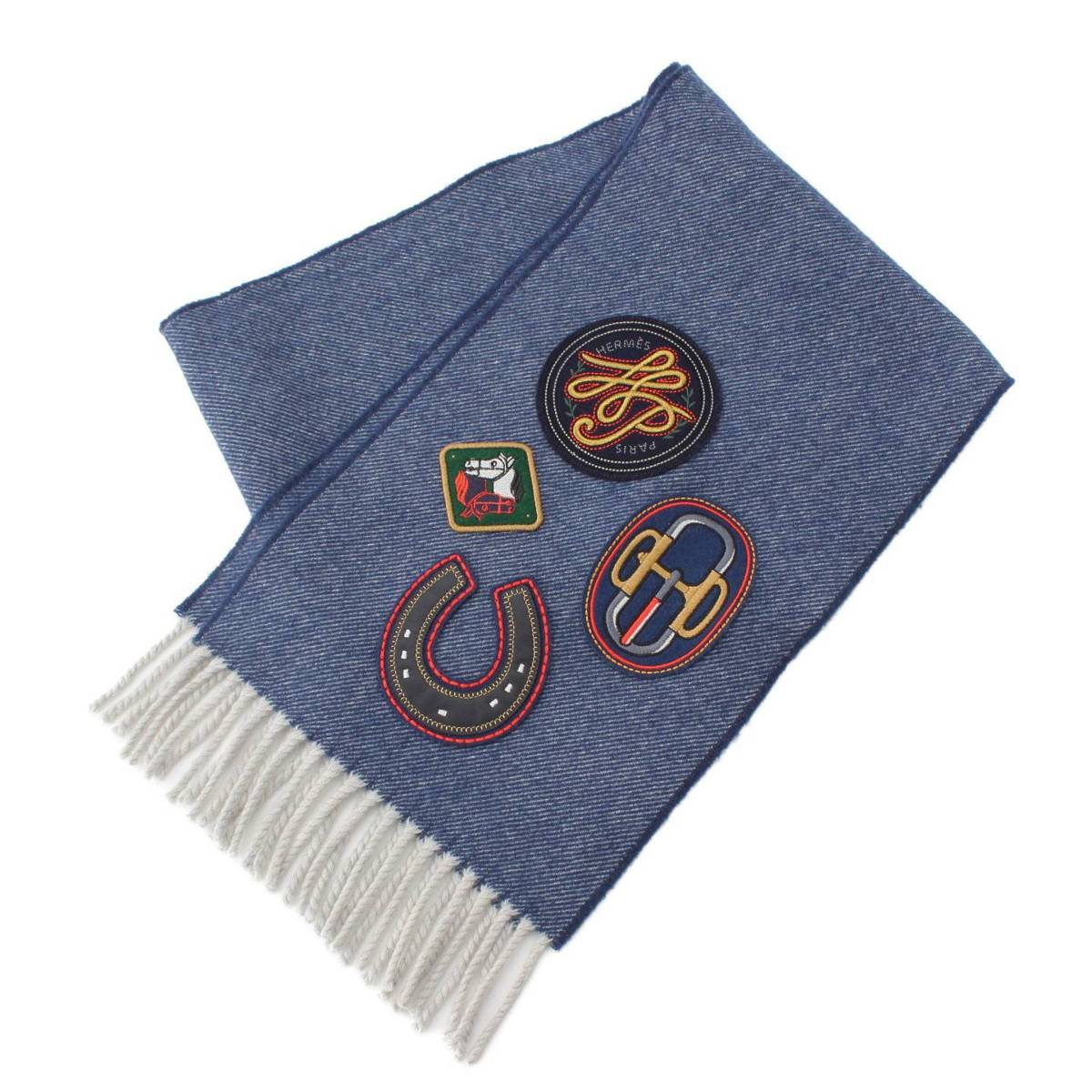 Hermes カシミヤ サークルロゴ刺繍 ダブルフェイス マフラー ストール カーキ×ネイビー (209638