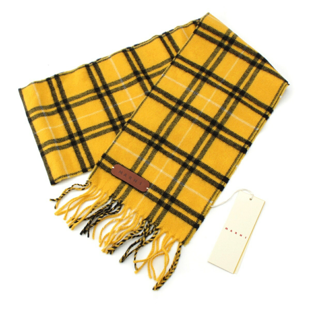 マルニ MARNI 23AW 羊毛 ロゴレザーパッチ 照合のしるし フリンジ えり巻き 袈裟 SCMC0104Q0 UAW021 黄色 黒いこと【中古】【置き目品引き受ける】