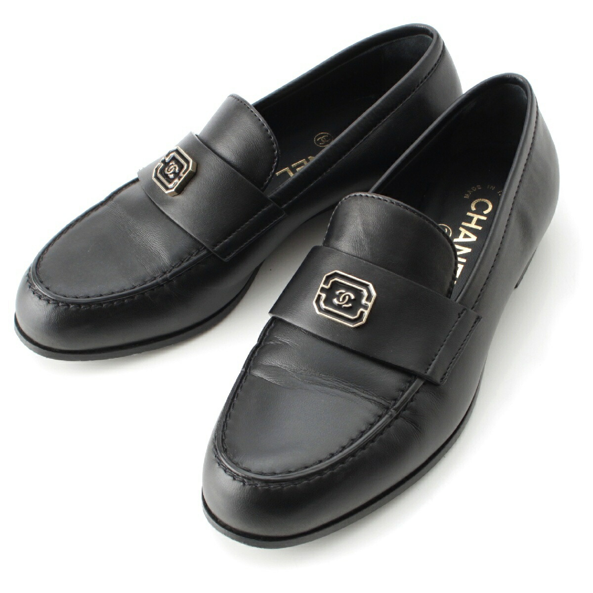 Chanel 黒 ローファーゴールドチェーン グログラン 37 38 CHANEL Shiny Calfskin Metal CC Loafers 37 Black 1663156