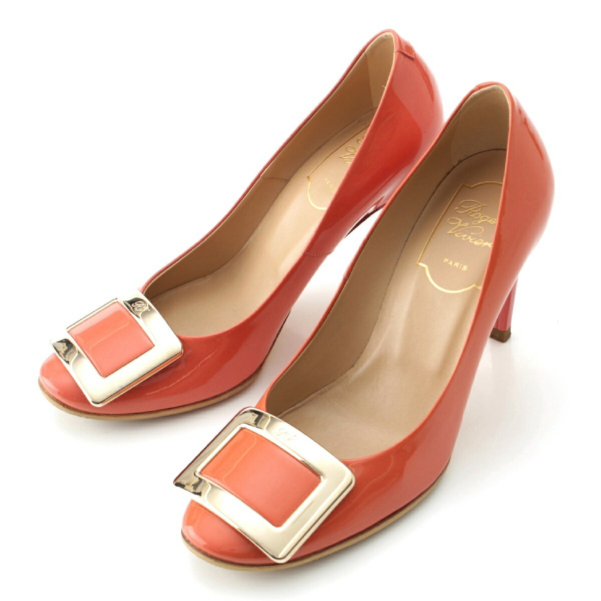 ロジェヴィヴィエ Roger Vivier パテントレザー スクエアバックル ヒール パンプス ピンク 34 1/2【中古】【正規品保証】