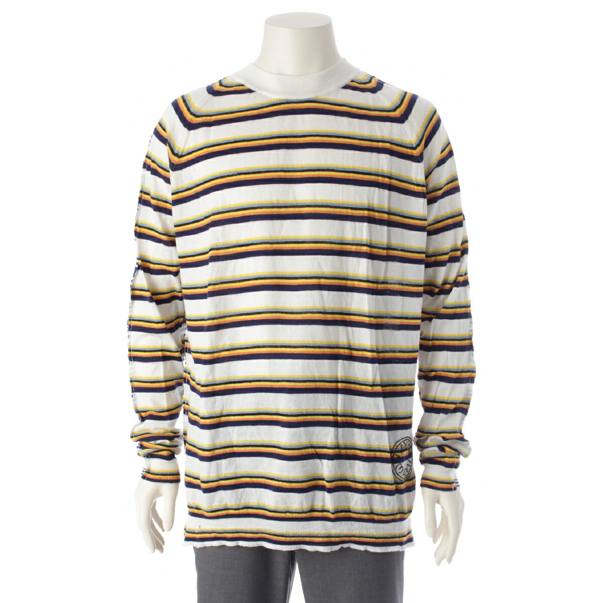 マルニ MARNI 22SS コットンリネン ボーダー ニット LS Tシャツ ロゴ刺繍 ロングスリーブ クルーネック GCMC0252Q0 ホワイト 52【中古】【正規品保証】
