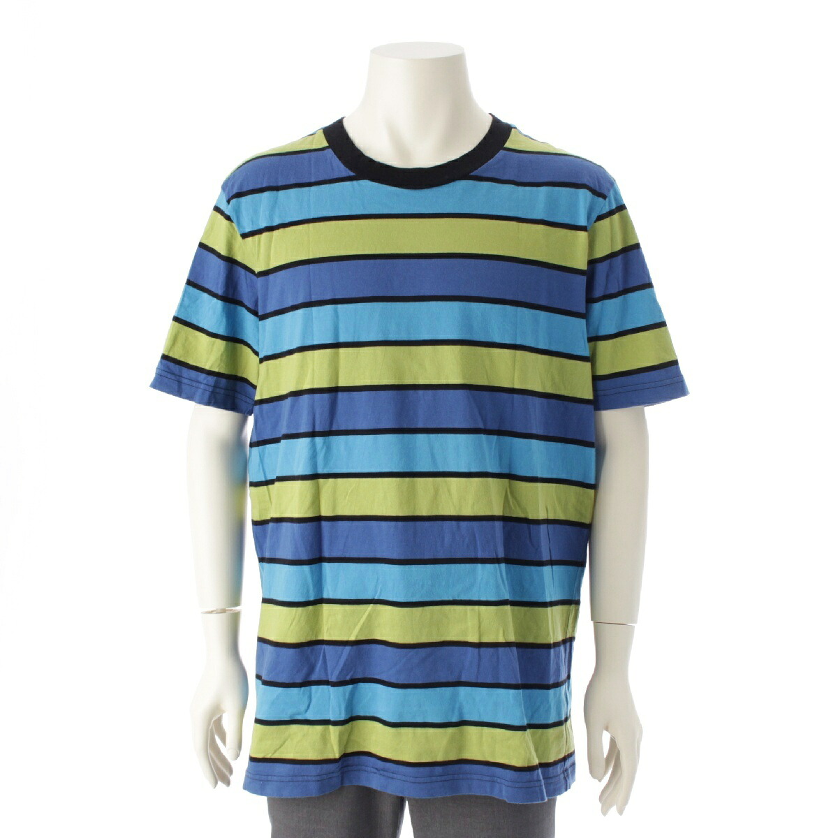 マルニ MARNI 22SS コットン ボーダー切替 クルーネック 半袖Ｔシャツ トップス カットソー マルチカラー ライトブルー グリーン系 56【中古】【正規品保証】