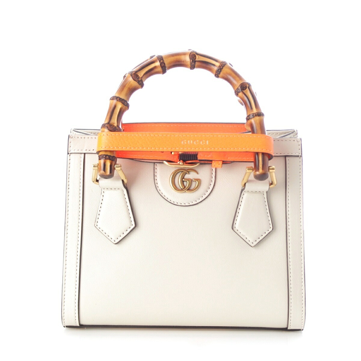 グッチ GUCCI ダイアナ バンブー レザー 2way ショルダー ハンドバッグ 655661 ホワイト オレンジ【中古】【正規品保証】