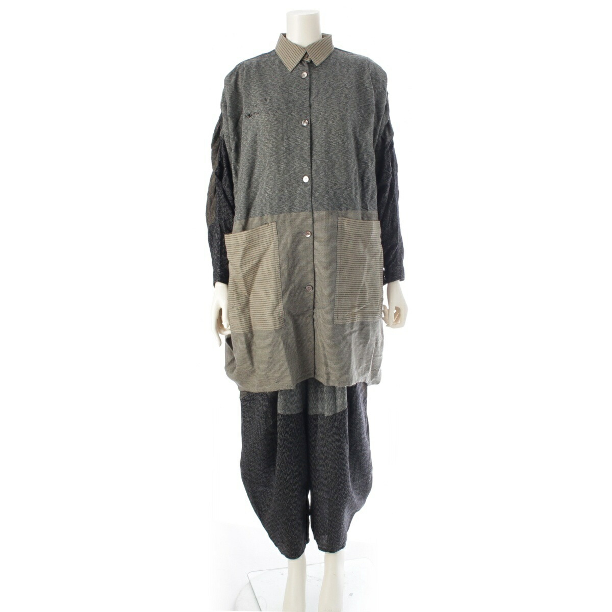 イッセイミヤケ ISSEY MIYAKE 70s-80s 最初期 ウール ナイロン イカ 袴 変形 シャツ パンツセットアップ 平面 襤褸 ネイビー ベージュ 9【中古】【正規品保証】